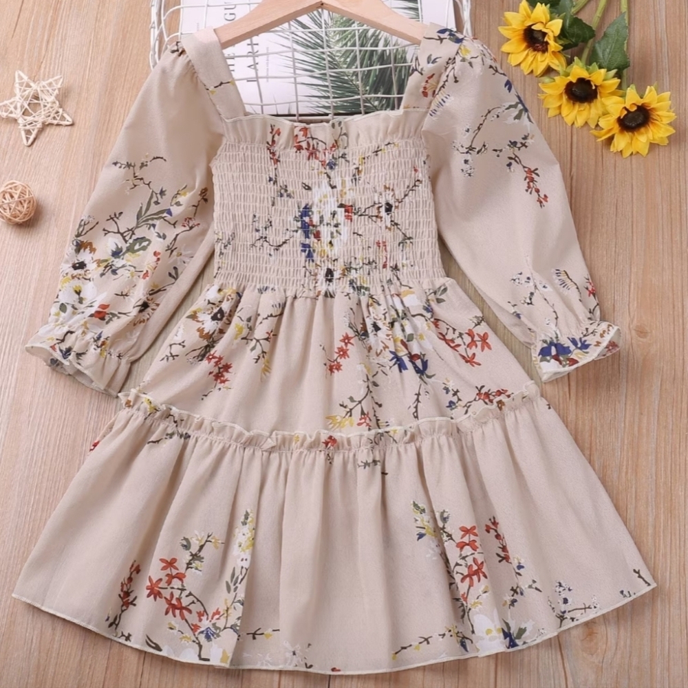 Charming Floral Kids Dress - Beige